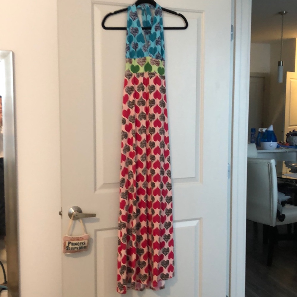Multi color heart pattern halter maxi dress